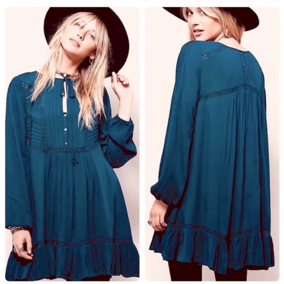 Free People sweet treat dress teal gauze button mini dress long sleeve Large - Picture 11 of 11